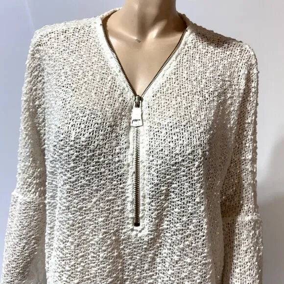 Alfani Top Women’s Size L Large Cream Gold Open Knit Quarter Zip Popover NWT - Picture 2 of 10
